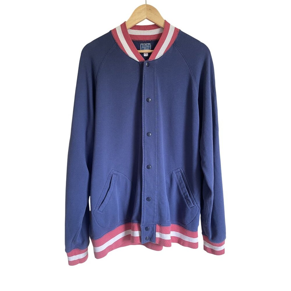 Men's Navy Blue Button-Up Bomber Jacket with Pink Trim